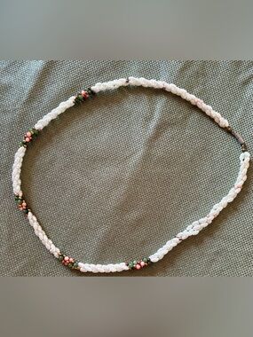 Beaded Twisted Pearl-Style Necklace with Coral & Green Accents